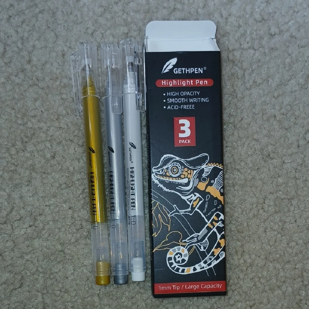 Gethpen Highlight Pens White, Gold, & Silver 1mm Tip 3 Pack